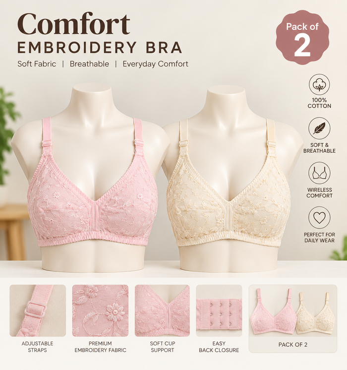 Embroidered Cotton Bra - Pack of 2 | Non-Padded Everyday Comfort