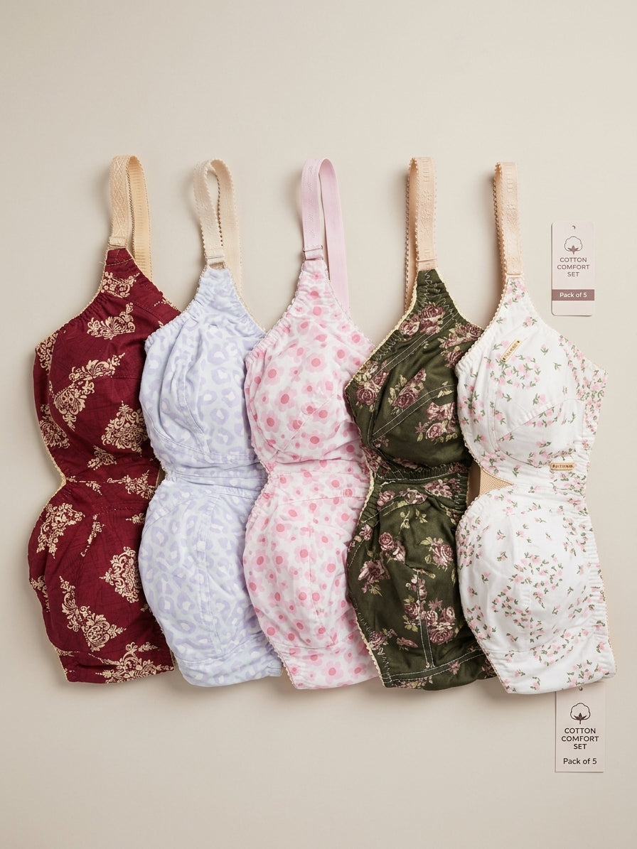 Printed Cotton Bra - Pack of 5 | Non-Padded Breathable Comfort