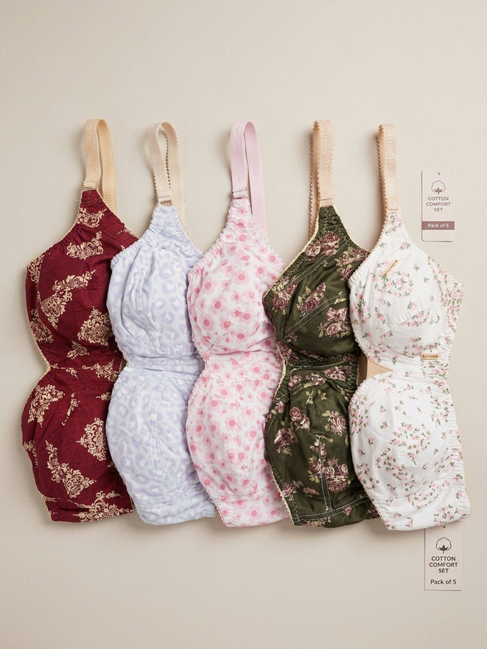 Printed Cotton Bra - Pack of 5 | Non-Padded Breathable Comfort